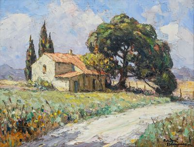 une peinture à l'huile représentant une maison et des arbres dans un champ