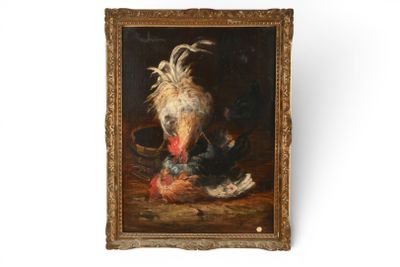 un vieux tableau représentant un coq tenant un oiseau mort dans son bec