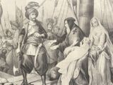 an old drawing of a man and woman on a boat with a crowd of people