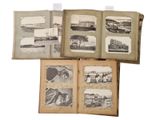 several black and white photos of a book with a train on the cover
