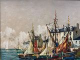 une peinture représentant un bateau sur l'eau, avec un bâtiment en arrière-plan