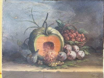 peinture d'une nature morte de fruits et légumes sur une table