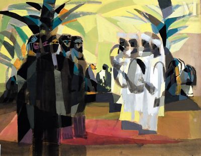 une peinture représentant un groupe de personnes debout devant un palmier