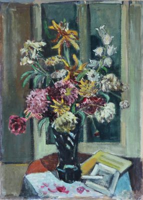 une peinture de fleurs dans un vase sur une table