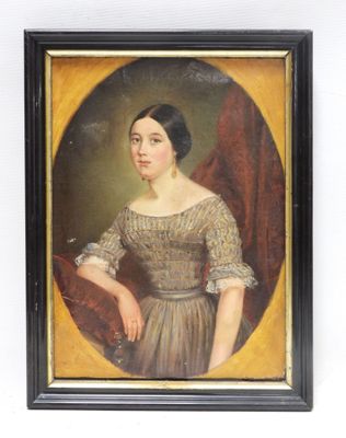 painting of a woman in a dress holding a fan in a black frame