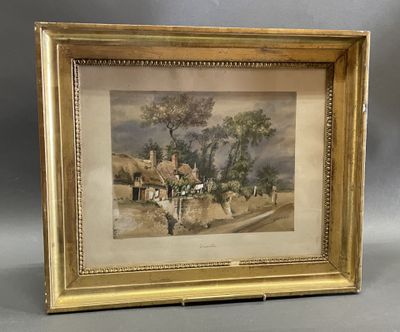 une vieille photo représentant une scène de village avec une calèche