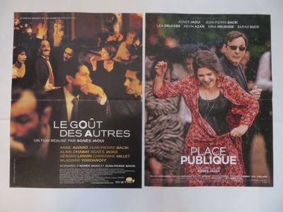 deux affiches de cinéma représentant une femme en robe rouge et un homme en costume noir