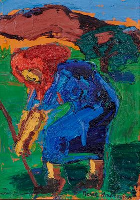 une peinture à l'huile représentant une femme avec une canne dans un champ