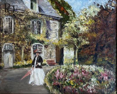 un tableau représentant une femme marchant dans la rue avec une ombrelle