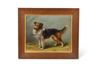 une peinture à l'huile représentant un chien debout dans un champ, près d'un mur