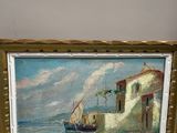 painting of a boat in a body of water with a building in the background