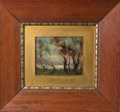 une peinture à l'huile représentant un paysage avec des arbres, dans un cadre en bois