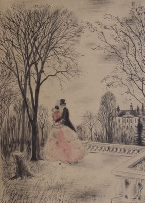 un dessin représentant une femme et un homme dans un parc