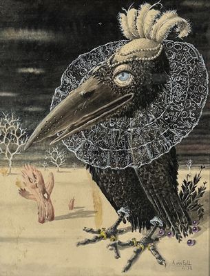 un tableau représentant un oiseau avec un chapeau sur la tête