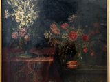 painting of a still life of flowers and fruit on a table