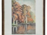 an image of a watercolor painting of trees by a lake