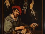 a painting of a man holding a bird in front of a bunch of dead birds