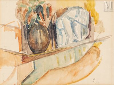 a watercolor painting of a vase and a knife on a table