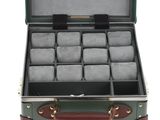 an open suitcase with several compartments in it on a white background