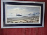 tableau représentant une scène de plage avec des bateaux dans l'eau et un mur rouge