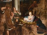 an image of a painting of a nativity scene with angels and a manger