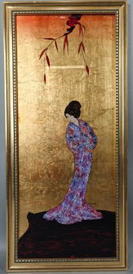 tableau représentant une femme en robe bleue et un oiseau sur fond doré