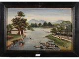 painting of a river scene with boats on the water and mountains in the background