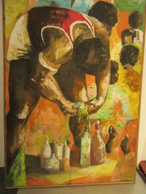 a painting of a man bending over to pick up something