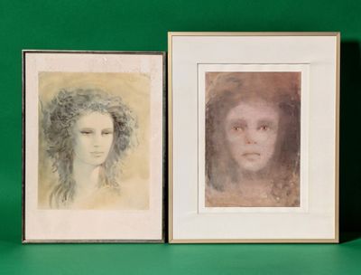 two framed portraits of a woman and a man on a green background