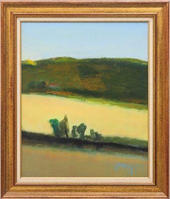 an image of a painting of a landscape with trees in the foreground