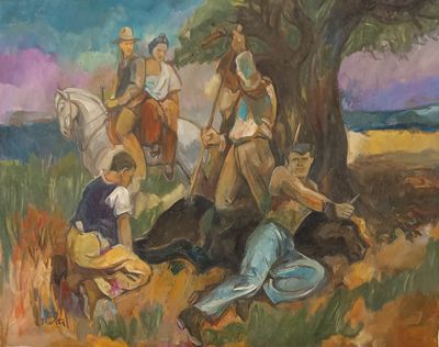 Jean PRESTA (1927- ) Ferrade d'un taurillon. Huile sur toile…