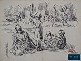drawing of a group of people sitting on the ground in a park