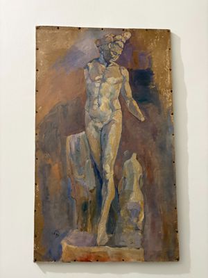 a painting of a man standing on a pedestal next to a dog