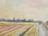 a watercolor painting of a country road with a farm in the distance