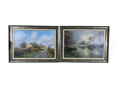 two paintings of cows on a country road with a house in the background