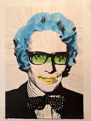 painting of a man wearing glasses and a bow tie with a blue wig