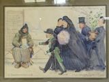 une peinture représentant un groupe de personnes marchant dans la rue