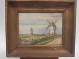 une peinture à l'huile représentant un moulin à vent dans un champ, avec une église en arrière-plan