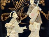 a black case with a painting of two women holding umbrellas