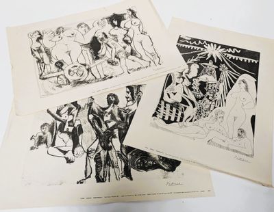 three black and white drawings of people on a white surface