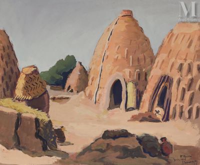 un tableau représentant un homme debout devant un village