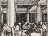 une gravure représentant un dessin d'un groupe de personnes assises autour d'une table
