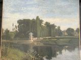tableau représentant une scène fluviale avec une maison et des arbres en arrière-plan