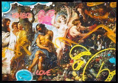 une image représentant un tableau où l'on voit un groupe de personnes entourées de fleurs