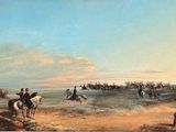 a painting of a group of men riding horses on the beach