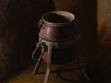 une peinture à l'huile représentant un pot posé sur une table en bois