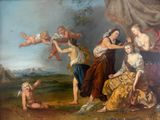 painting of a group of women and children in a landscape with angels