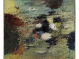 an image of a painting of a black and white dog in a field
