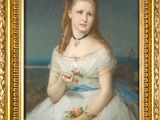 painting of a woman in a white dress holding a flower