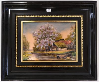 framed oil painting of a farm scene with a pond and a house